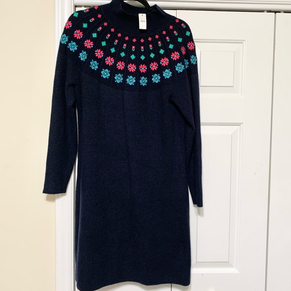 Talbots Fair Isle Embroidered Yoke Long Sleeve Sweater Dress - L - 12-14 NEW